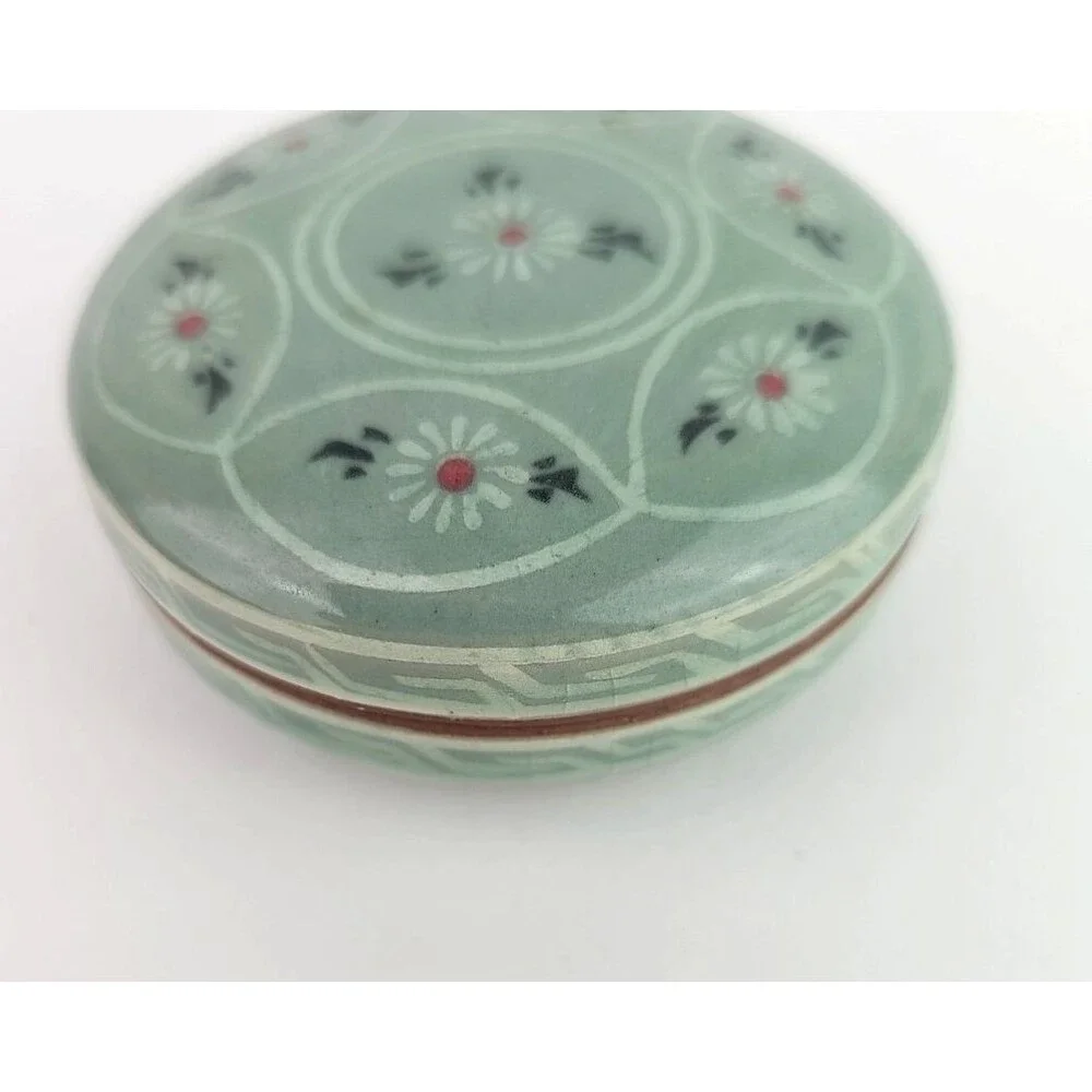 Vintage Korean Celadon Green Ceramic Floral Ring Lidded Round Trinket Box 3 inch